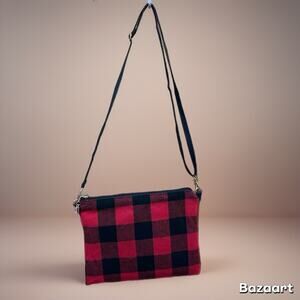 Used Red Buffalo Plaid Crossbody Purse Missing Zipper Tassel Approx 8.5” x 11”